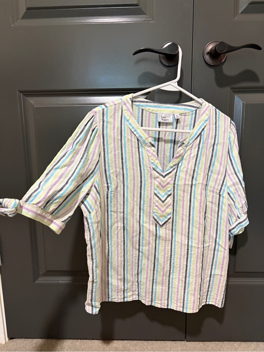 Kim Rogers Striped Popover V neck blouse Tunic Top with sleeve ties